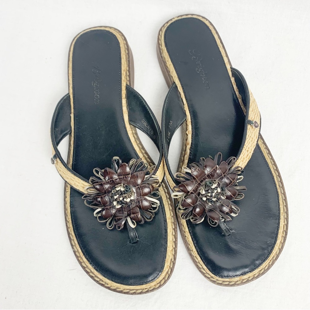Brighton Orchid Thong Sandals Black Brown Leather Woven Detail size 7